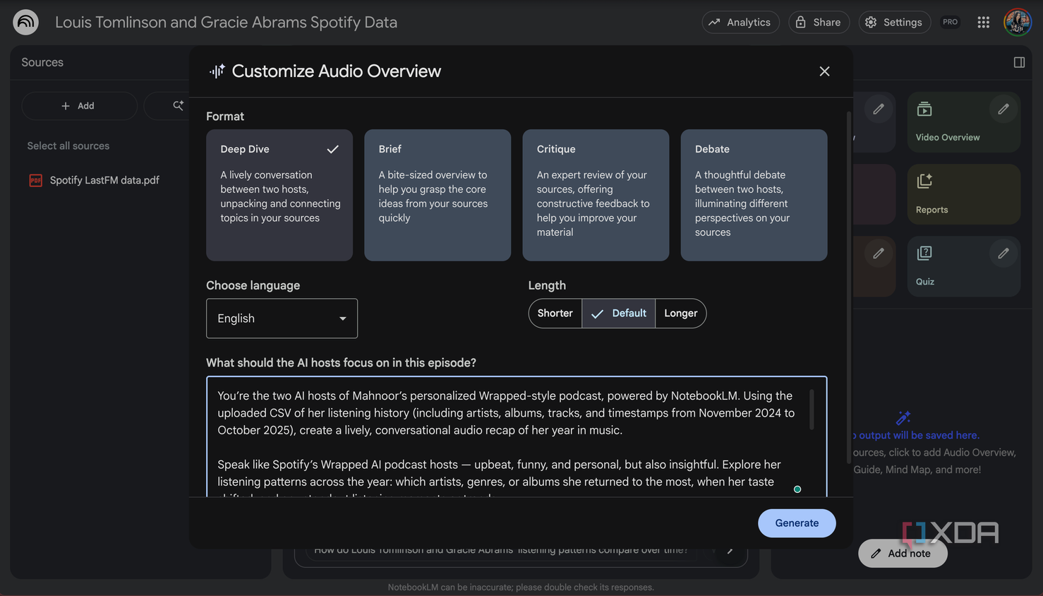 Adding the custom prompt to Spotify Wrapped NotebookLM notebook