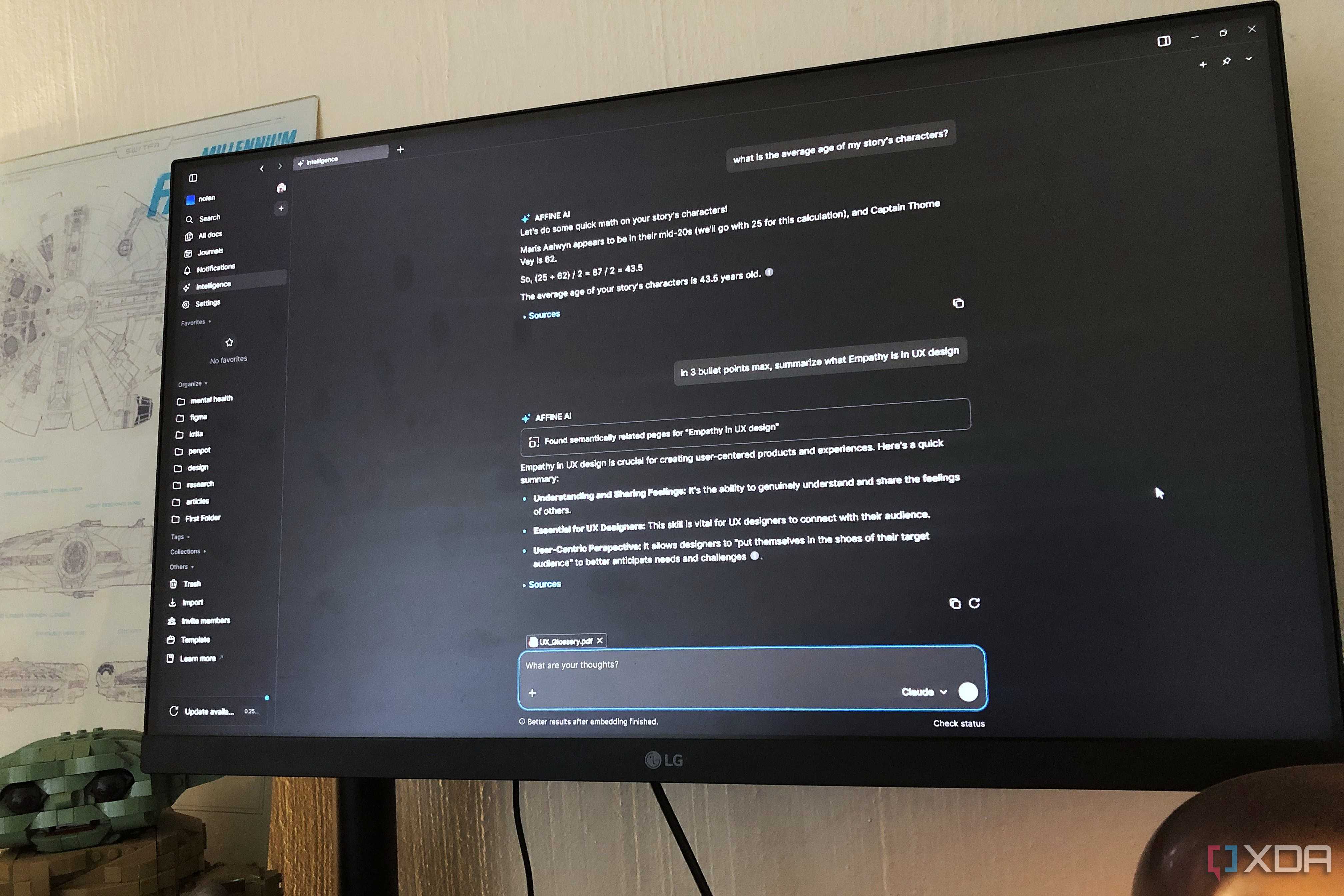 AFFiNE's AI assistant on desktop pc, lego and lamp in view