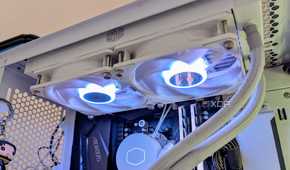 White AIO cooler fans spinning inside a gaming PC