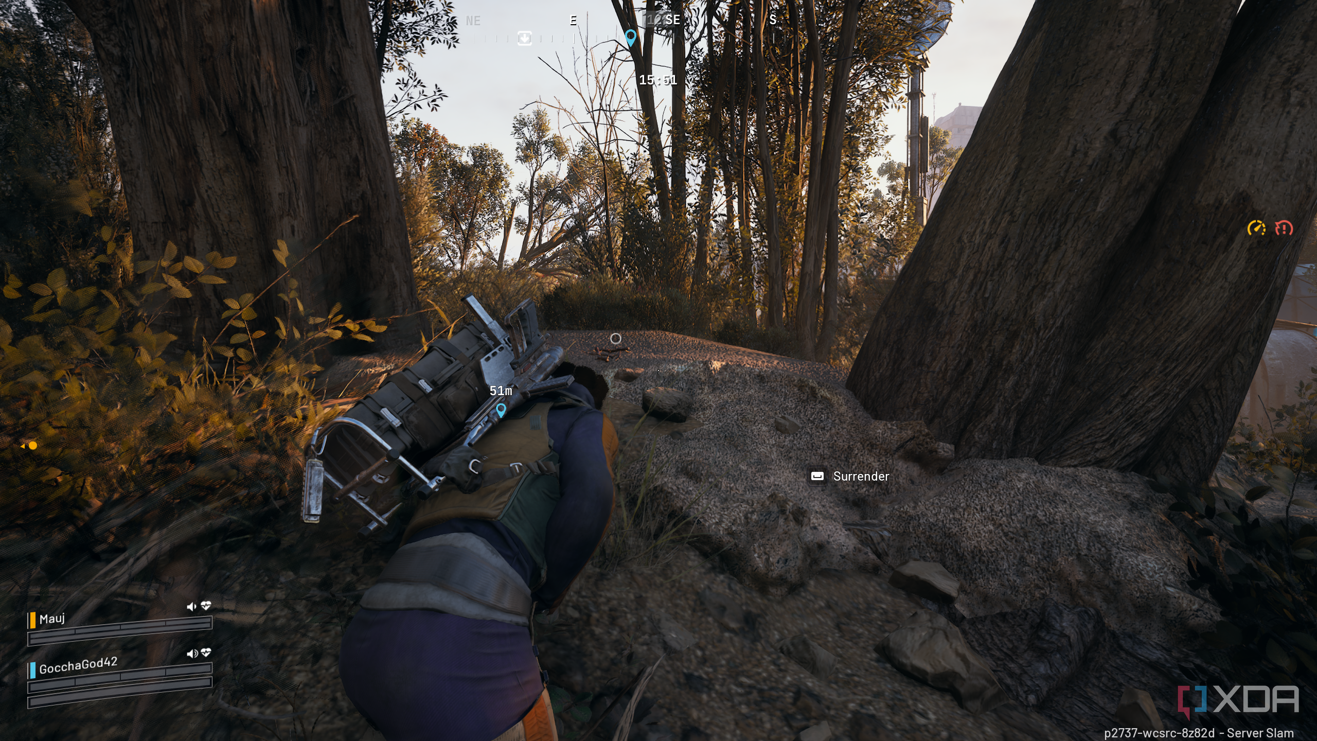 Being knocked down in a forest in Arc Raiders.