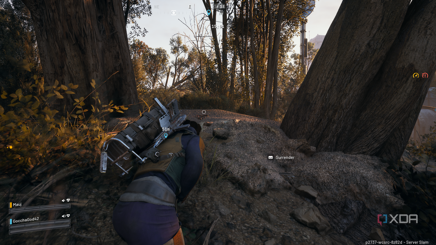 Being knocked down in a forest in Arc Raiders.