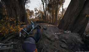 Being knocked down in a forest in Arc Raiders.