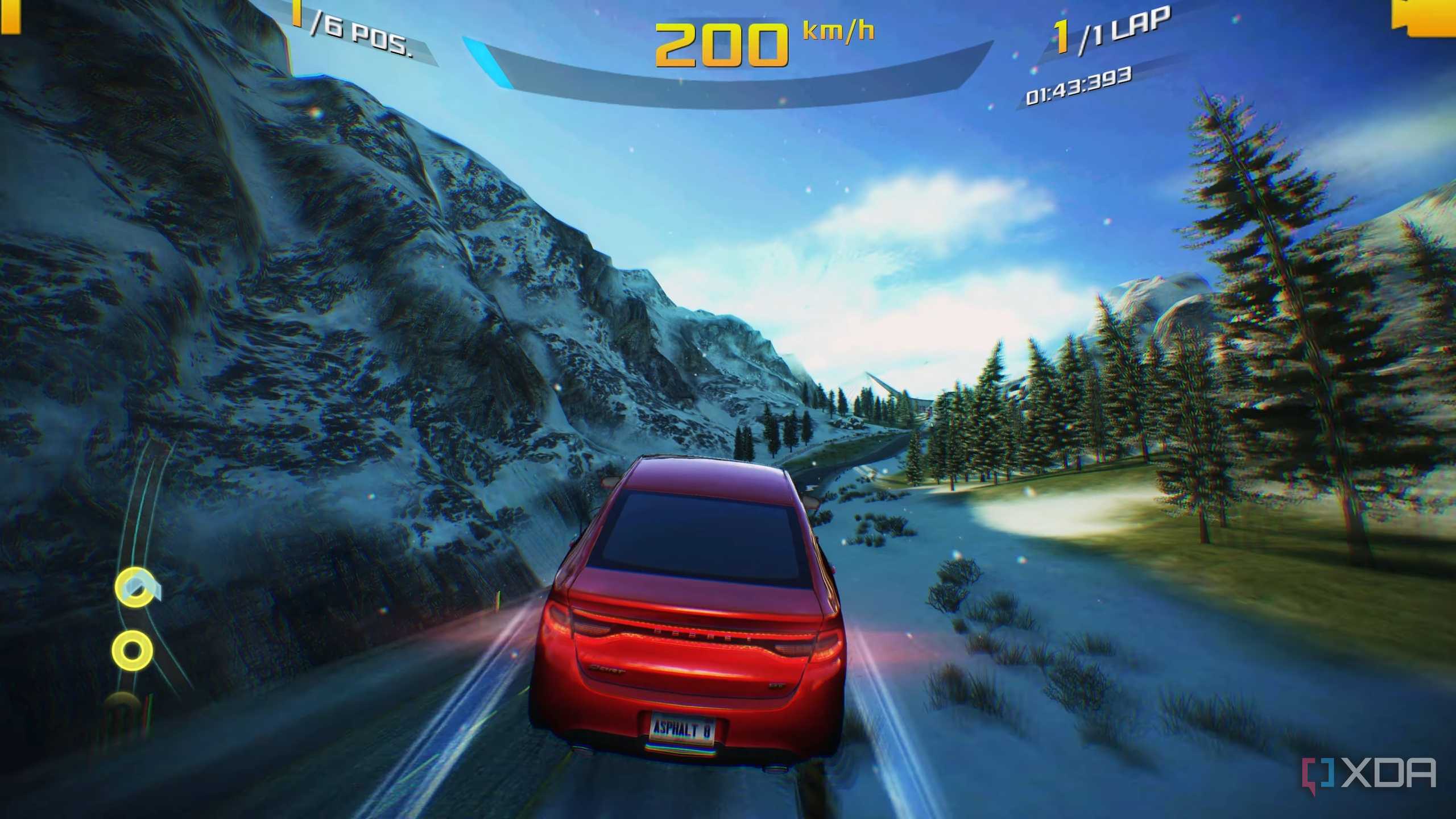 A car in midair while racing through the Alps in Asphalt 8.