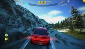 A car in midair while racing through the Alps in Asphalt 8.