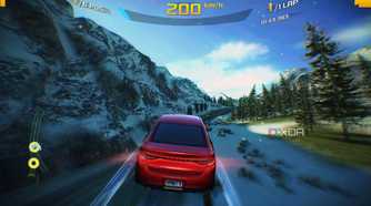 A car in midair while racing through the Alps in Asphalt 8.