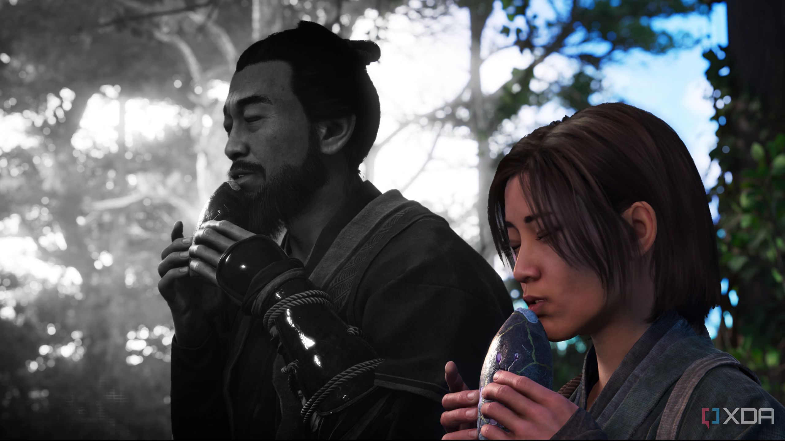 Naoe and her father playing a musical instrument in Assassin's Creed Shadows.