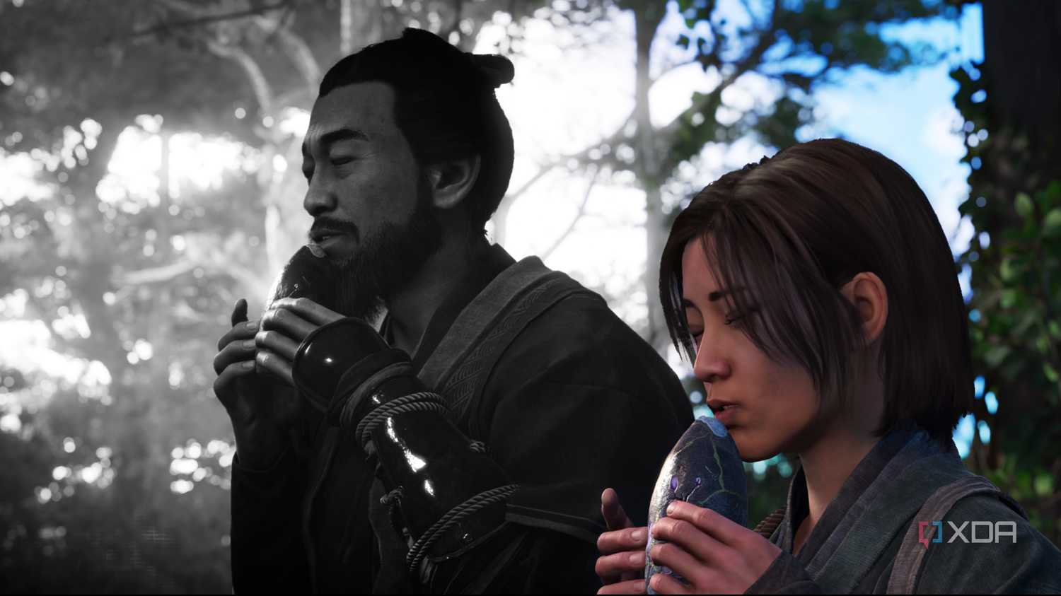 Naoe and her father playing a musical instrument in Assassin's Creed Shadows.