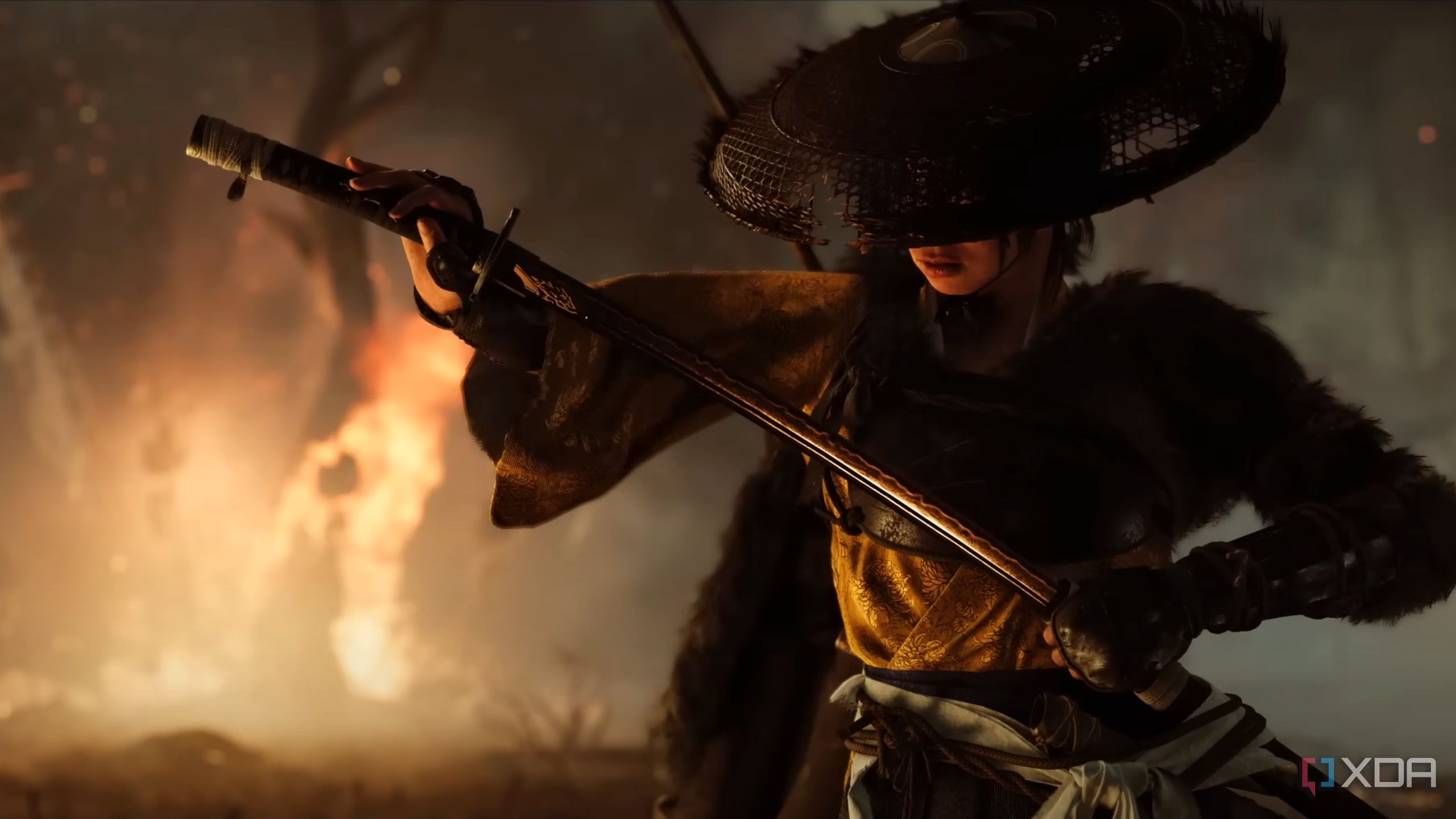 Atsu unsheathing her sword in Ghost of Yotei.