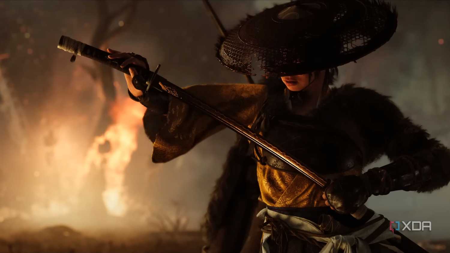 Atsu unsheathing her sword in Ghost of Yotei.