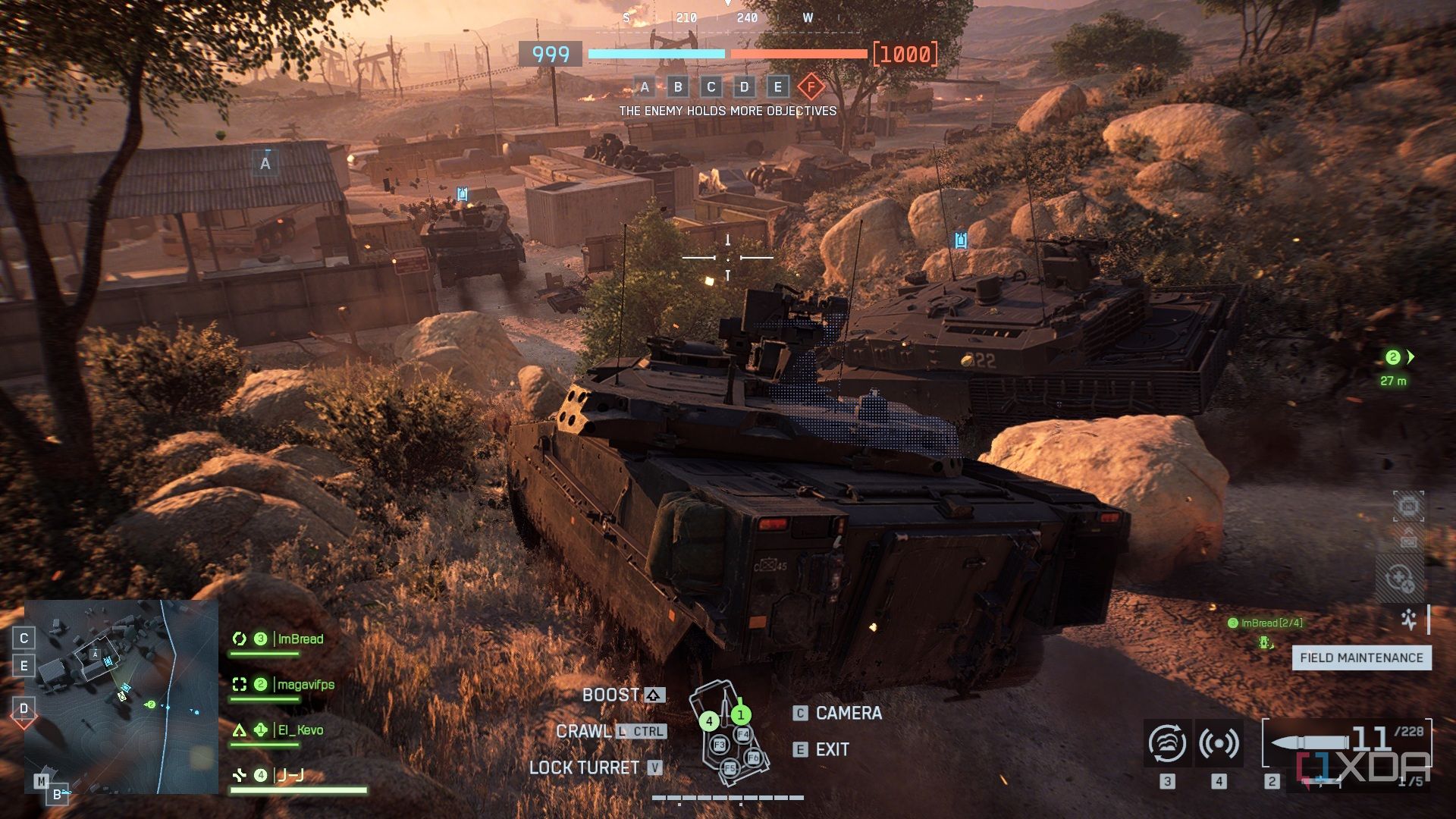 A screenshot of driving a tank on Blackwell Fields in the Season 1 content of Battlefield 6