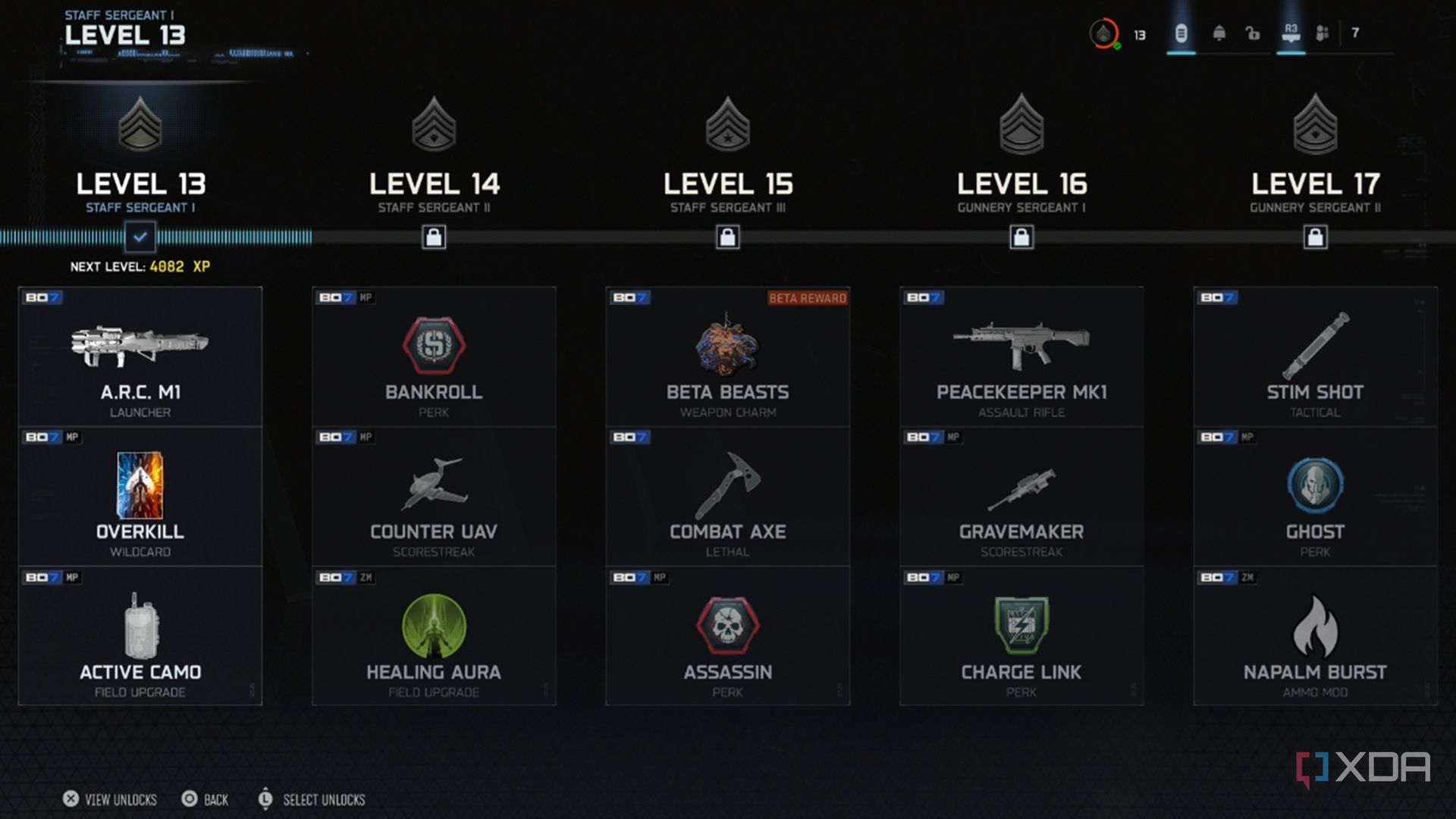 A screenshot of progression unlocks from the multiplayer beta of Call of Duty Black Ops 7
