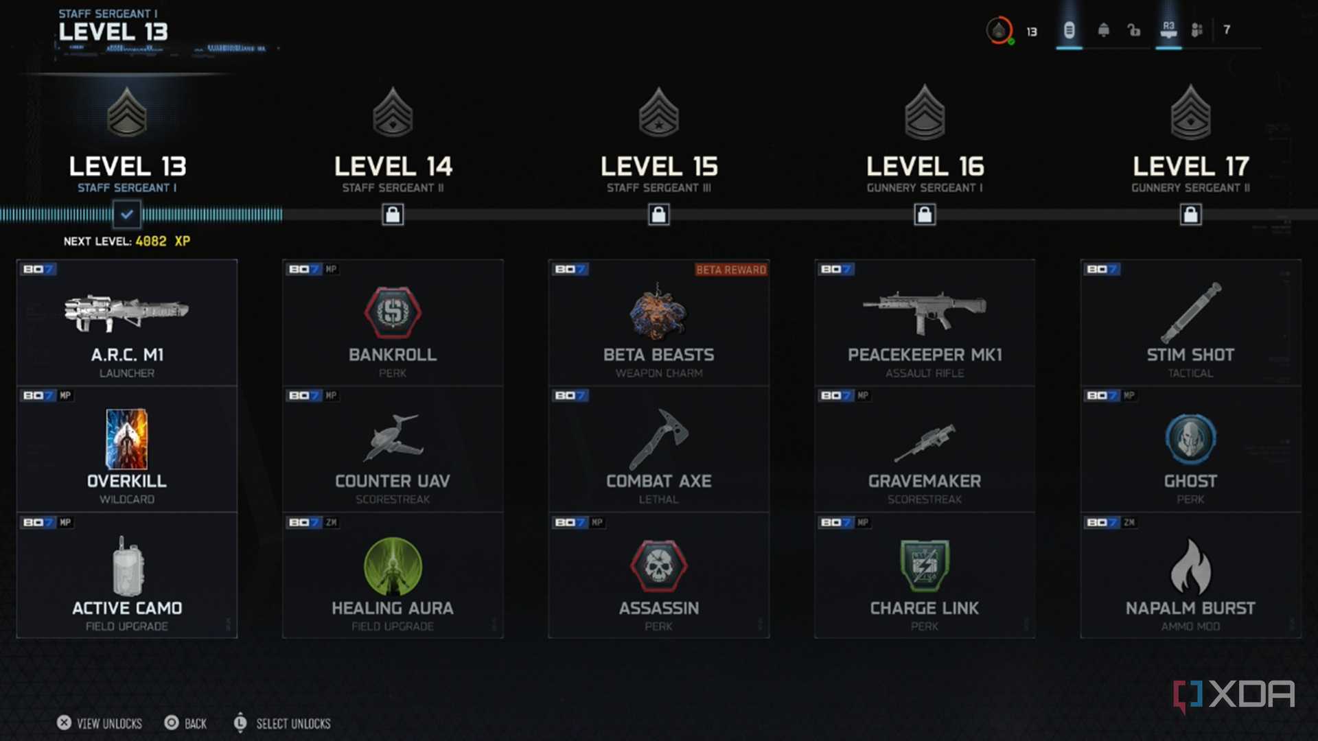 A screenshot of progression unlocks from the multiplayer beta of Call of Duty Black Ops 7