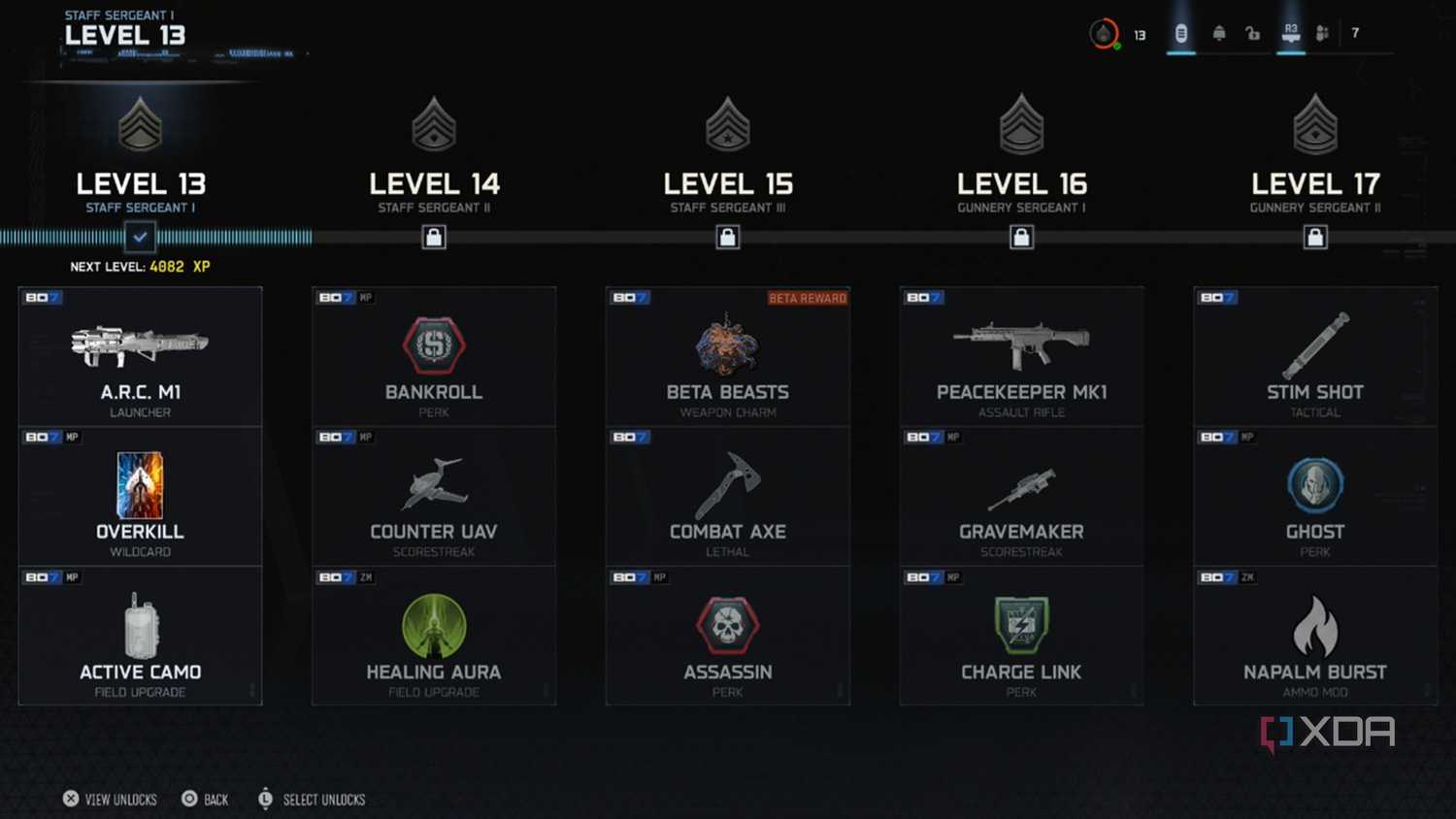 A screenshot of progression unlocks from the multiplayer beta of Call of Duty Black Ops 7