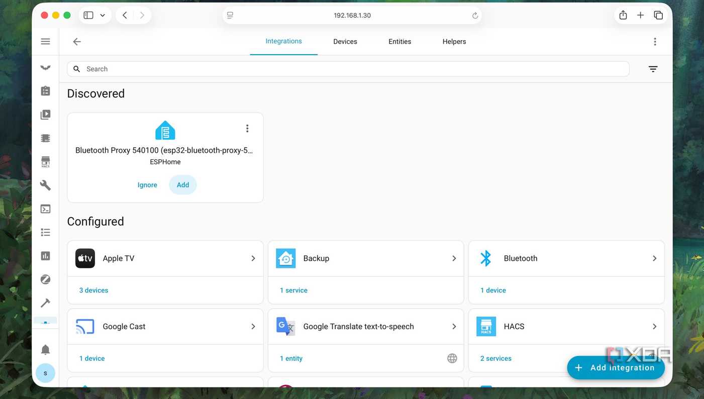 Интерфейс Home Assistant с добавленным прокси Bluetooth-прокси в панели управления Home Assistant