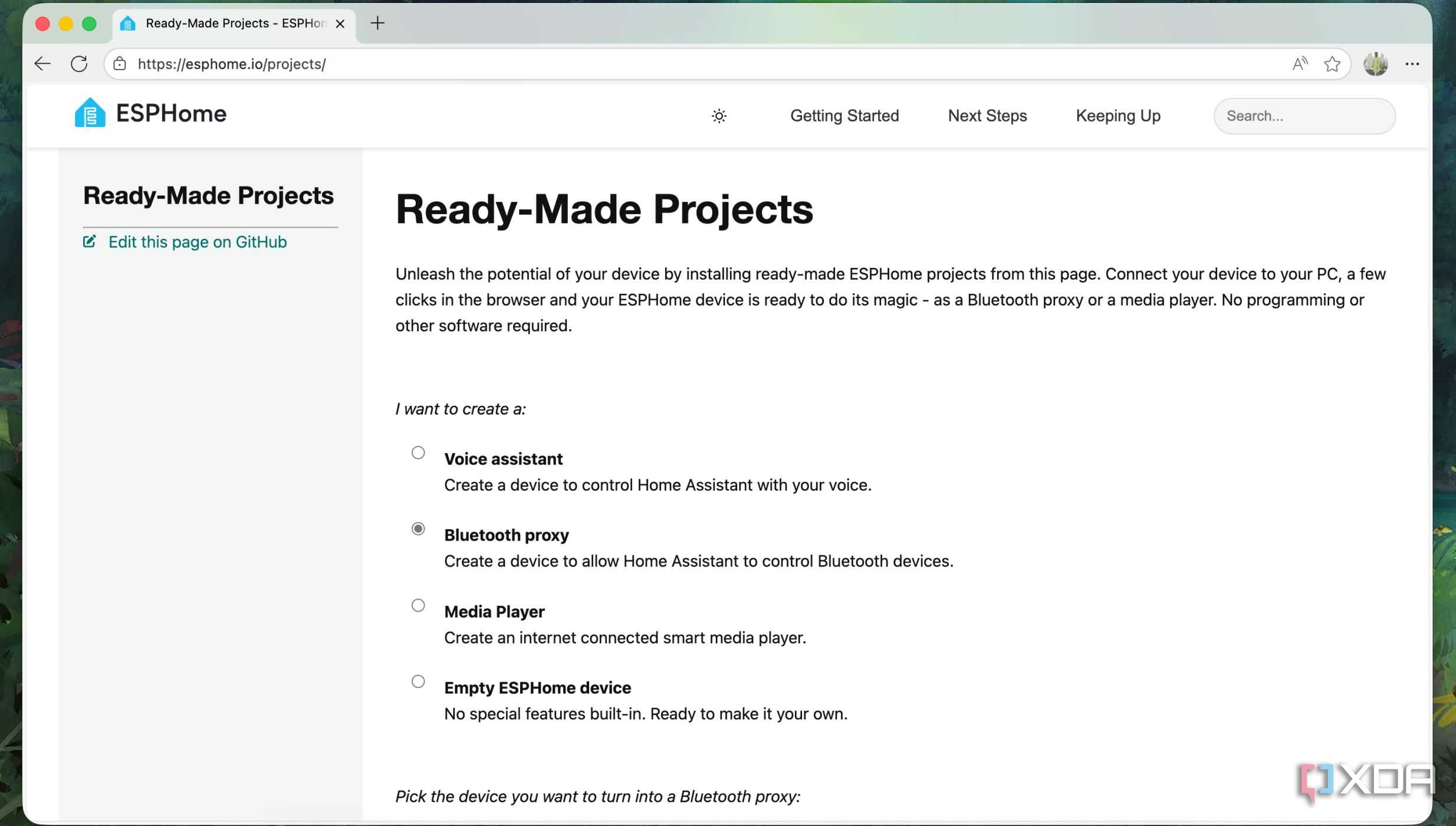 ESPHome web page for Readymade project to select Bluetooth Proxy option