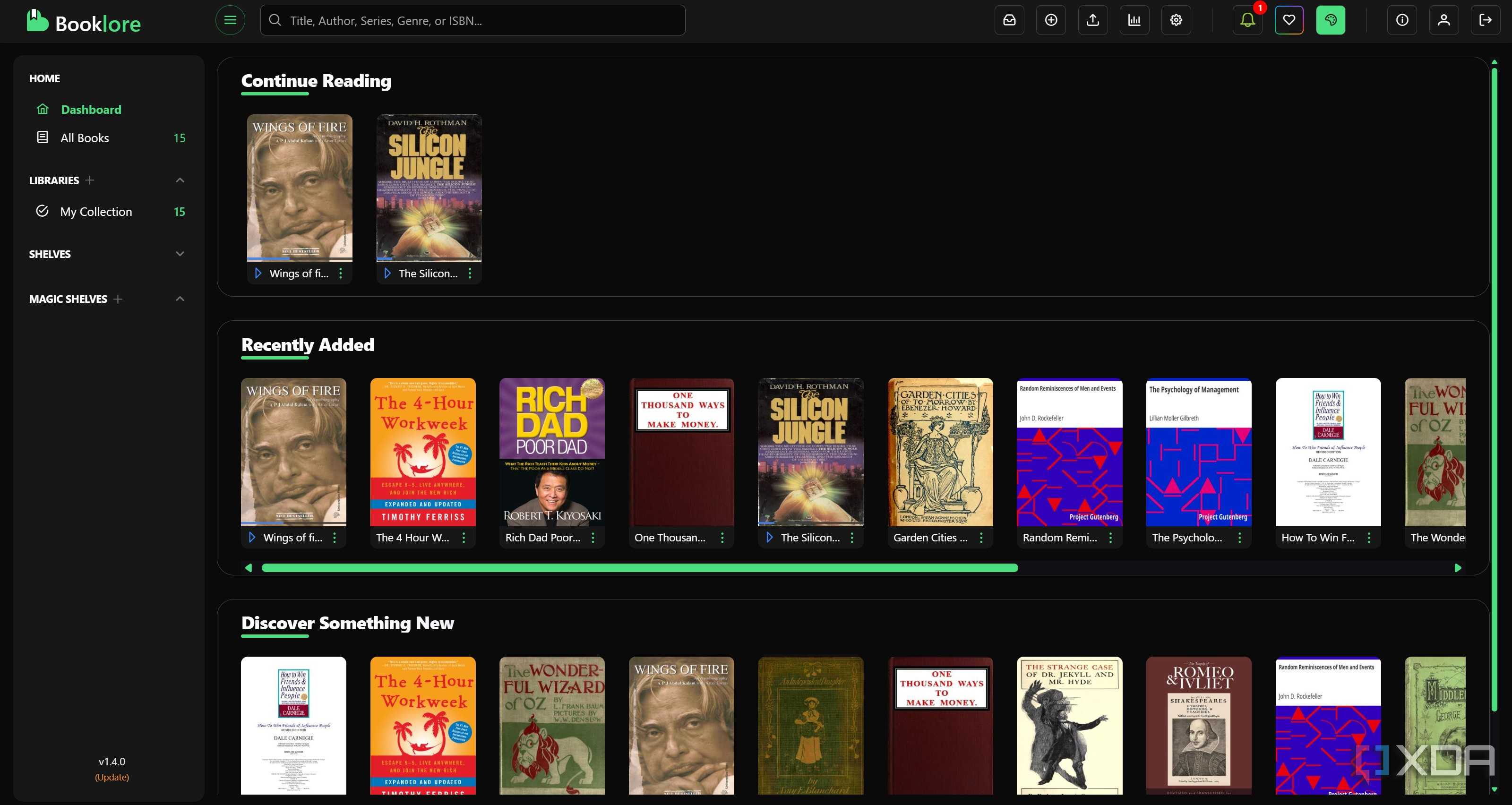 Booklore home dashboard