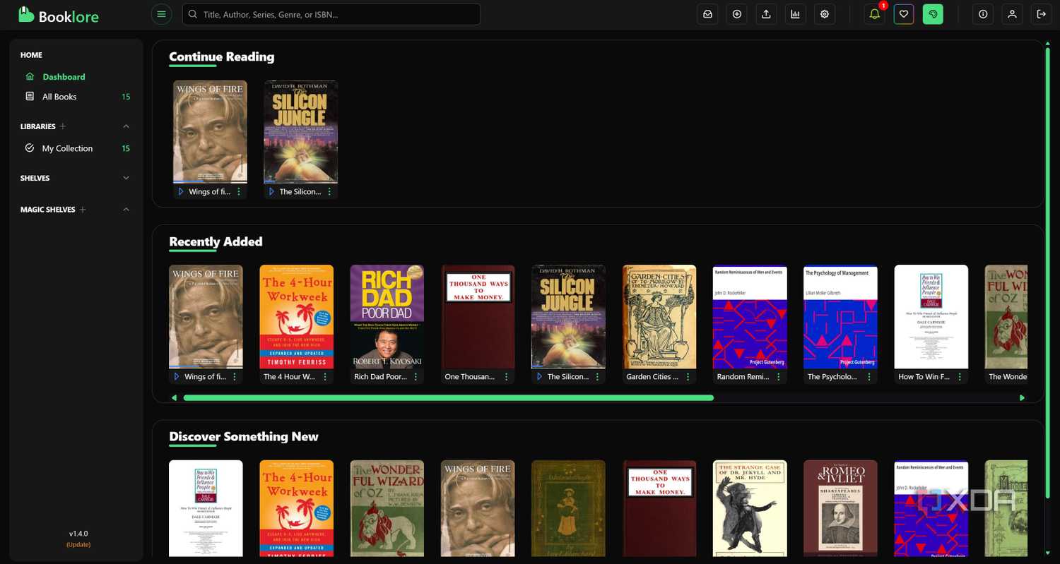 Booklore home dashboard