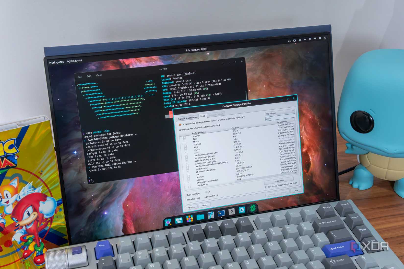 A computer screen showing a CachyOS desktop with the COSMIC desktop environment