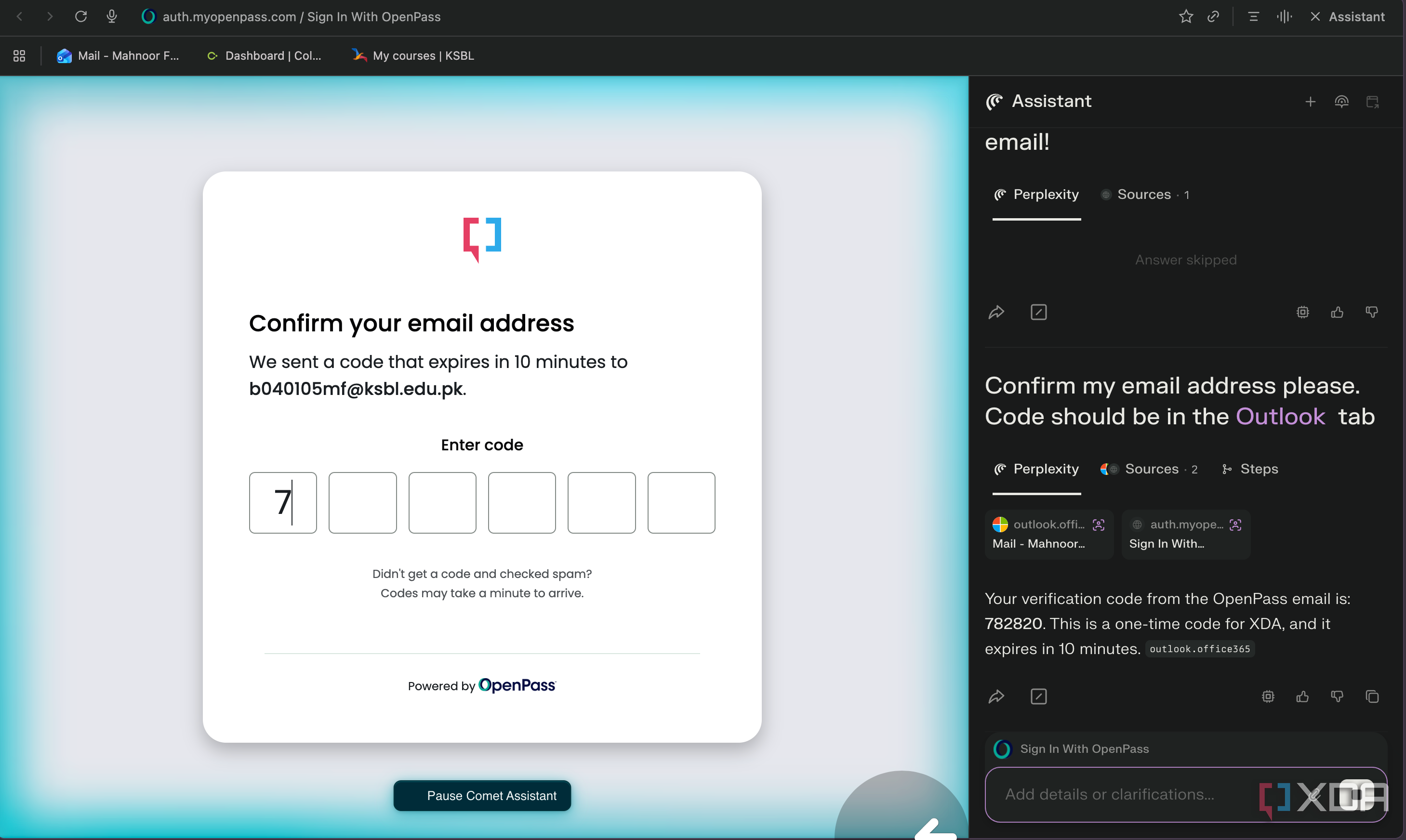 comet assistant entering the otp digit by digit