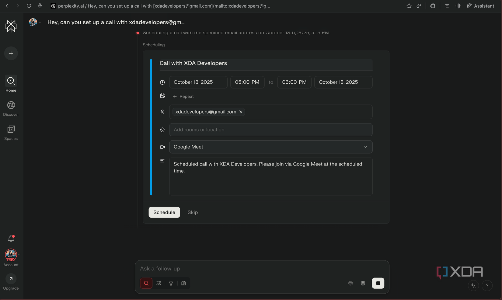 Comet setting up a Google Meet call