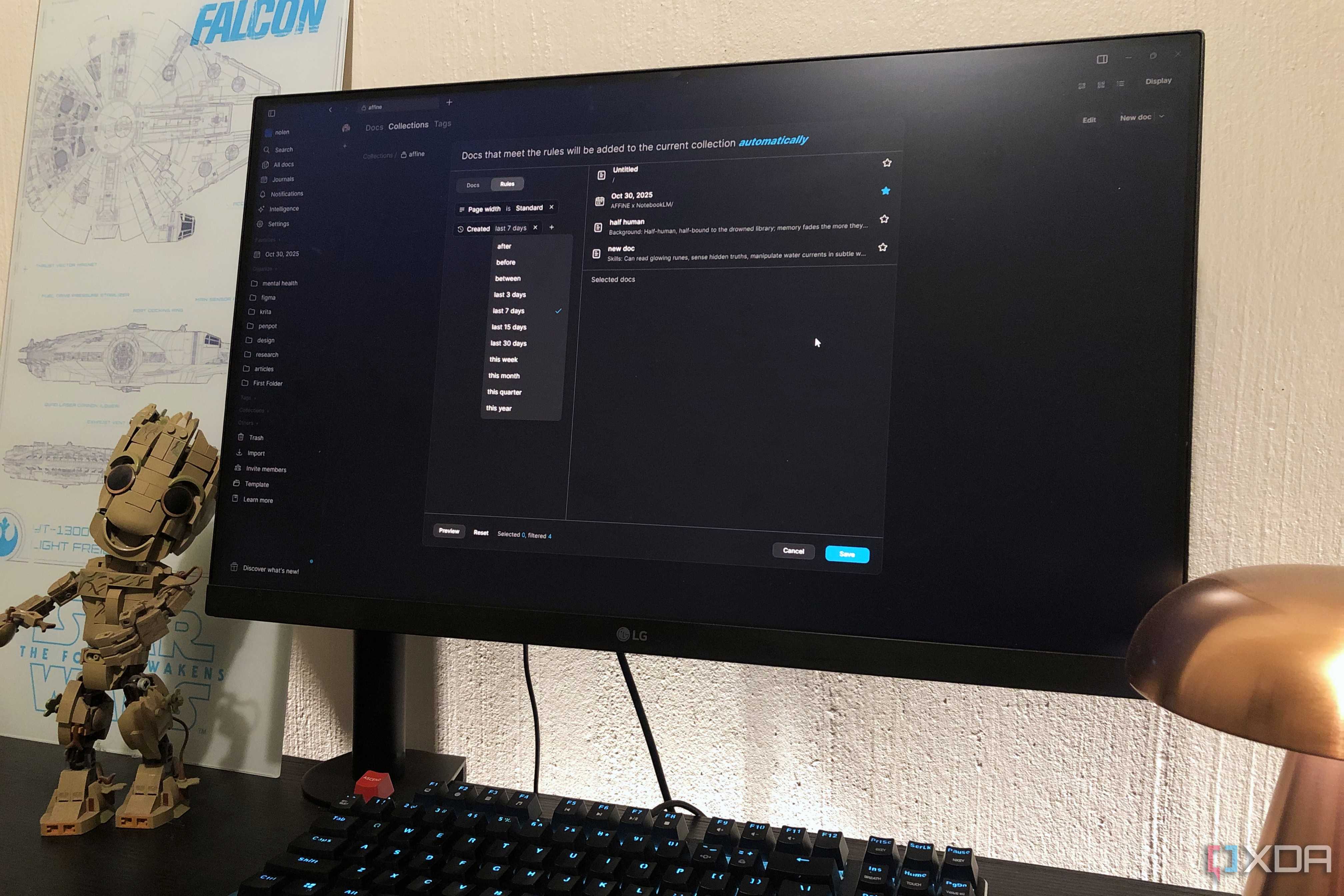 Configuring rules in AFFiNE on desktop pc, lego and lamp in view