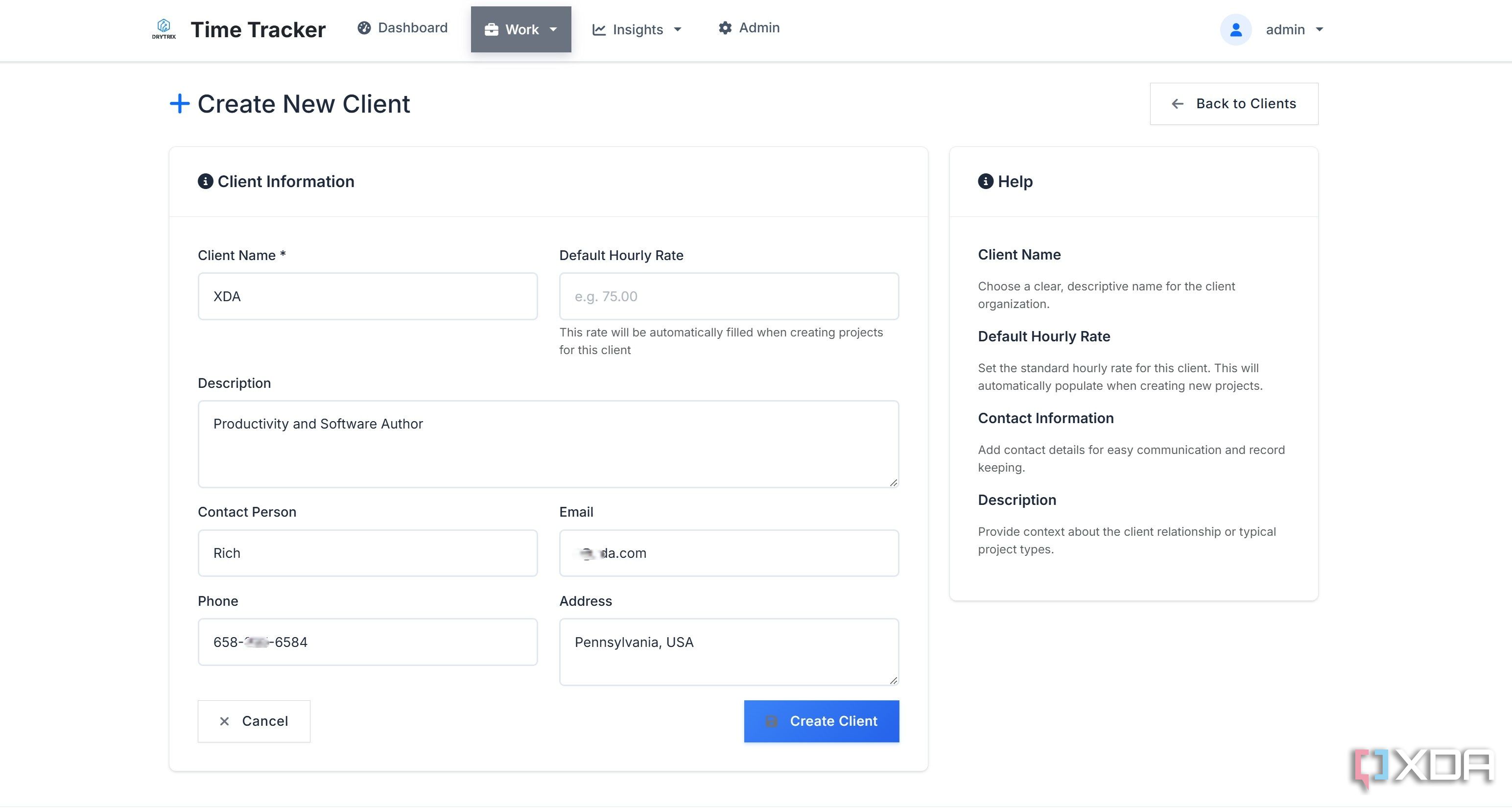 Create new client in Time Tracker