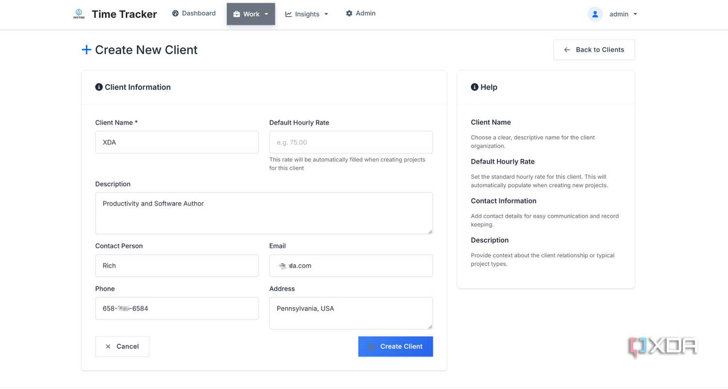 Create new client in Time Tracker