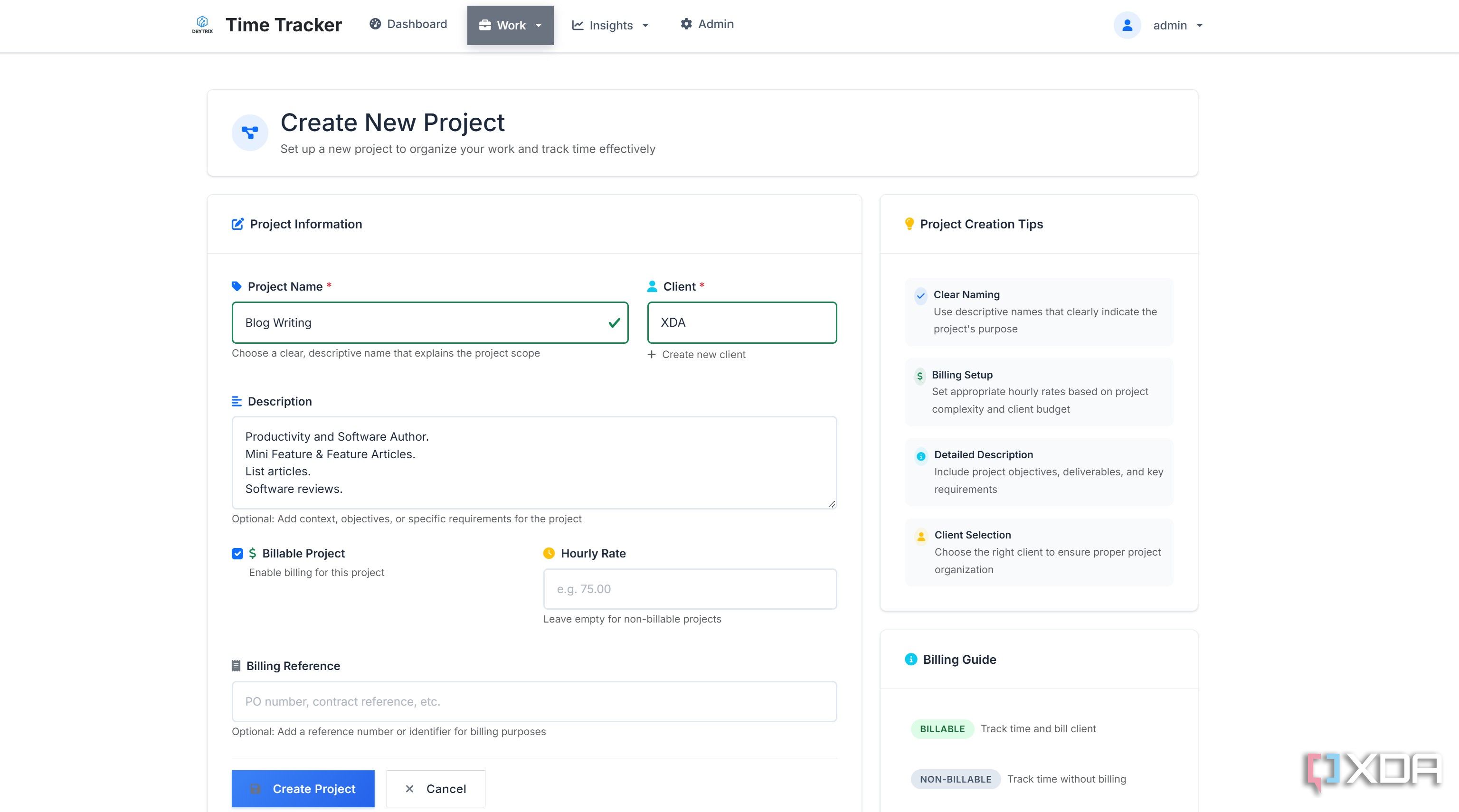 Create new project in Time Tracker
