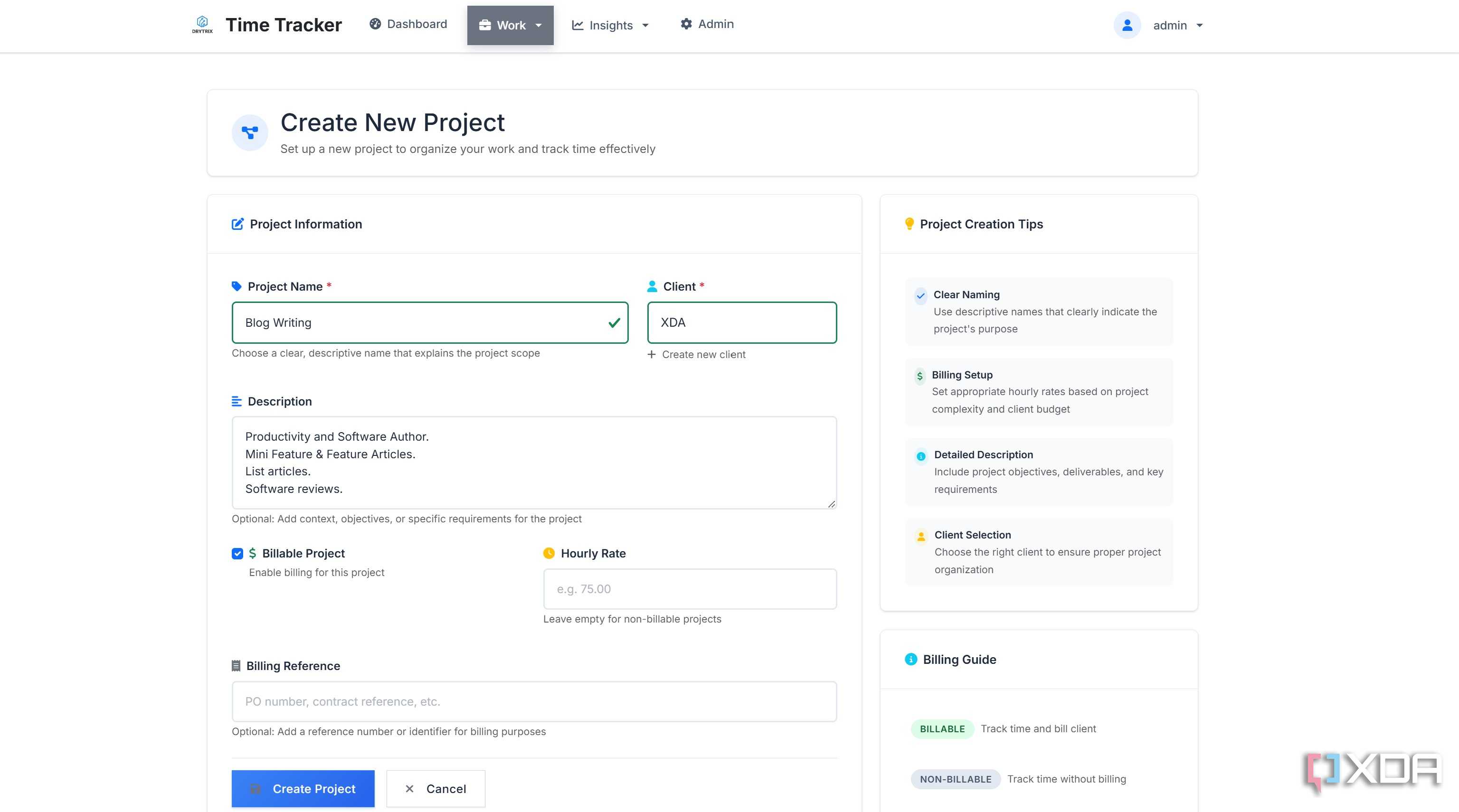 Create new project in Time Tracker