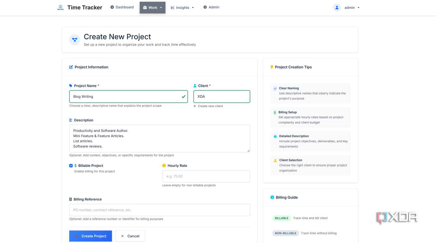Create new project in Time Tracker
