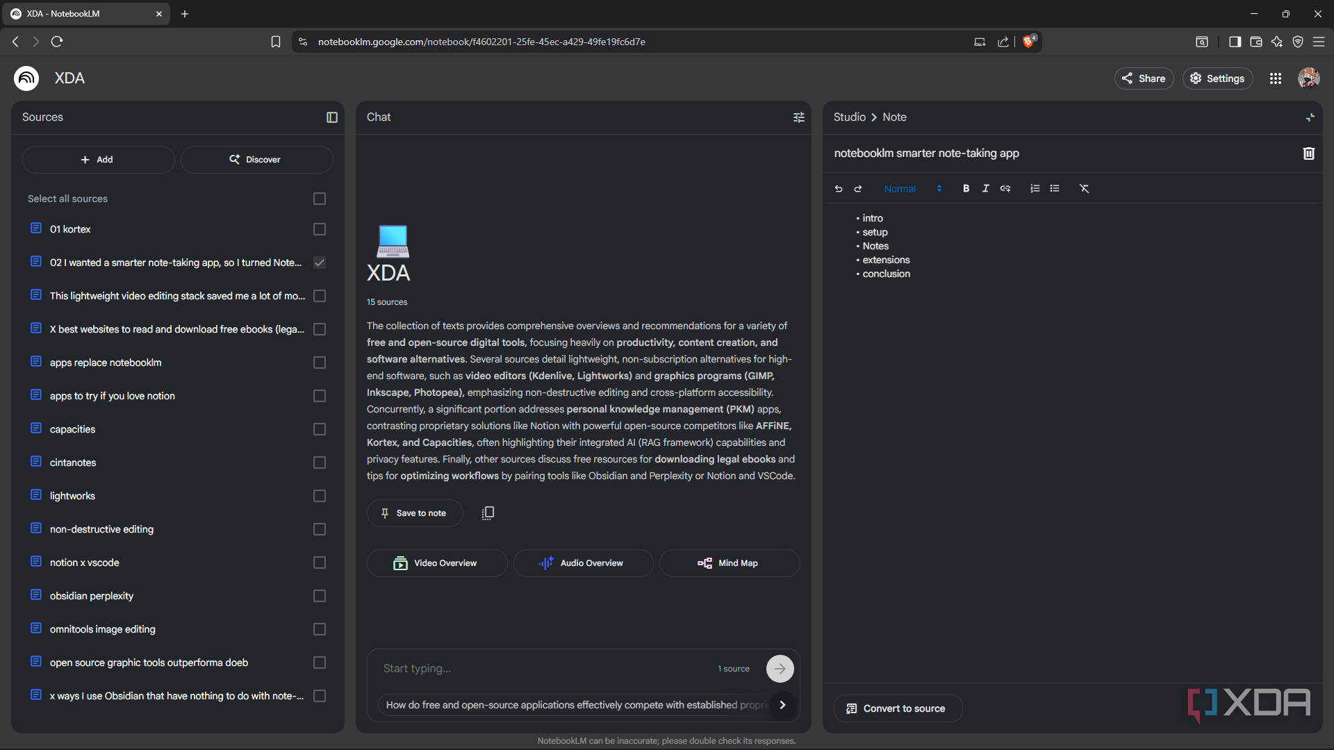Creating a list in Notes in NotebookLM