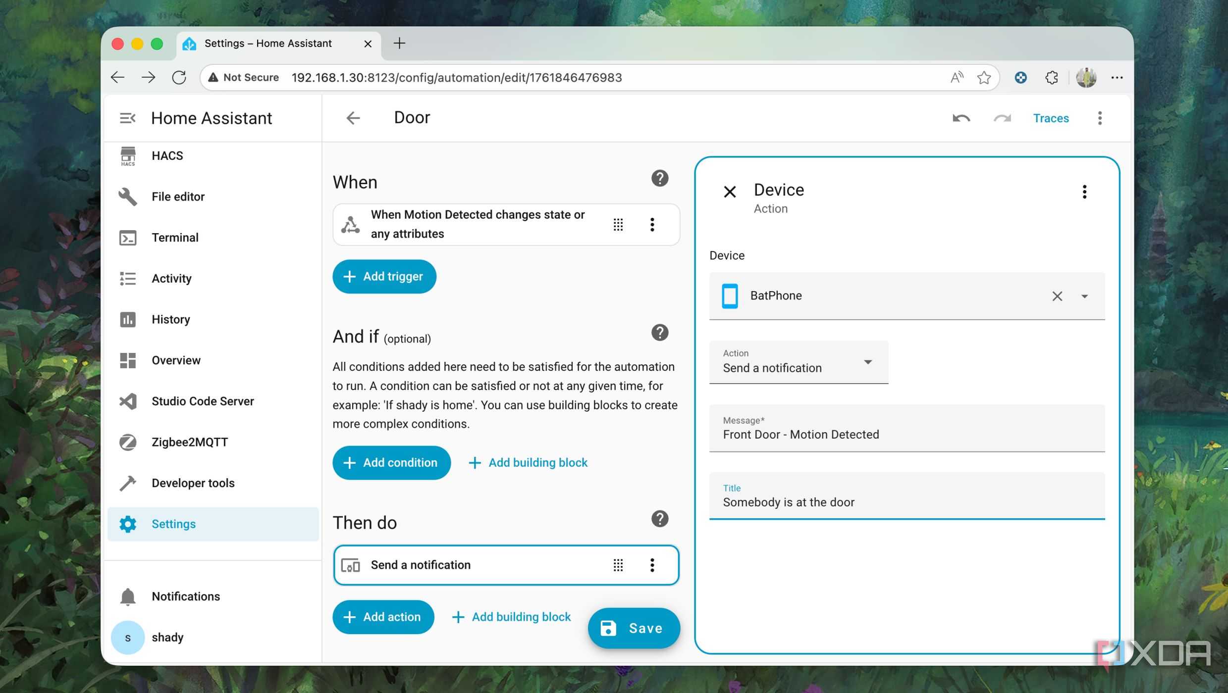 Creating an automation for motion detection event