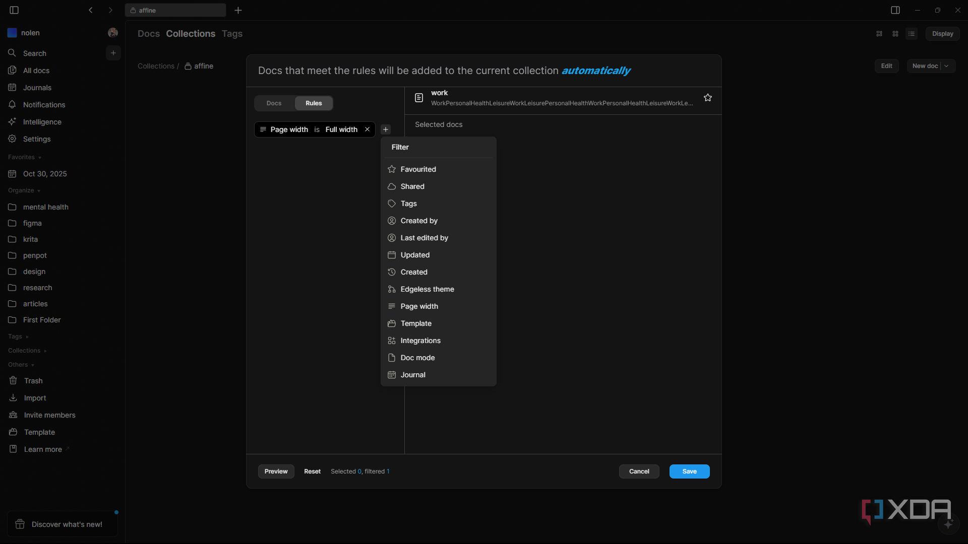 Creating rule for filtering in AFFiNE