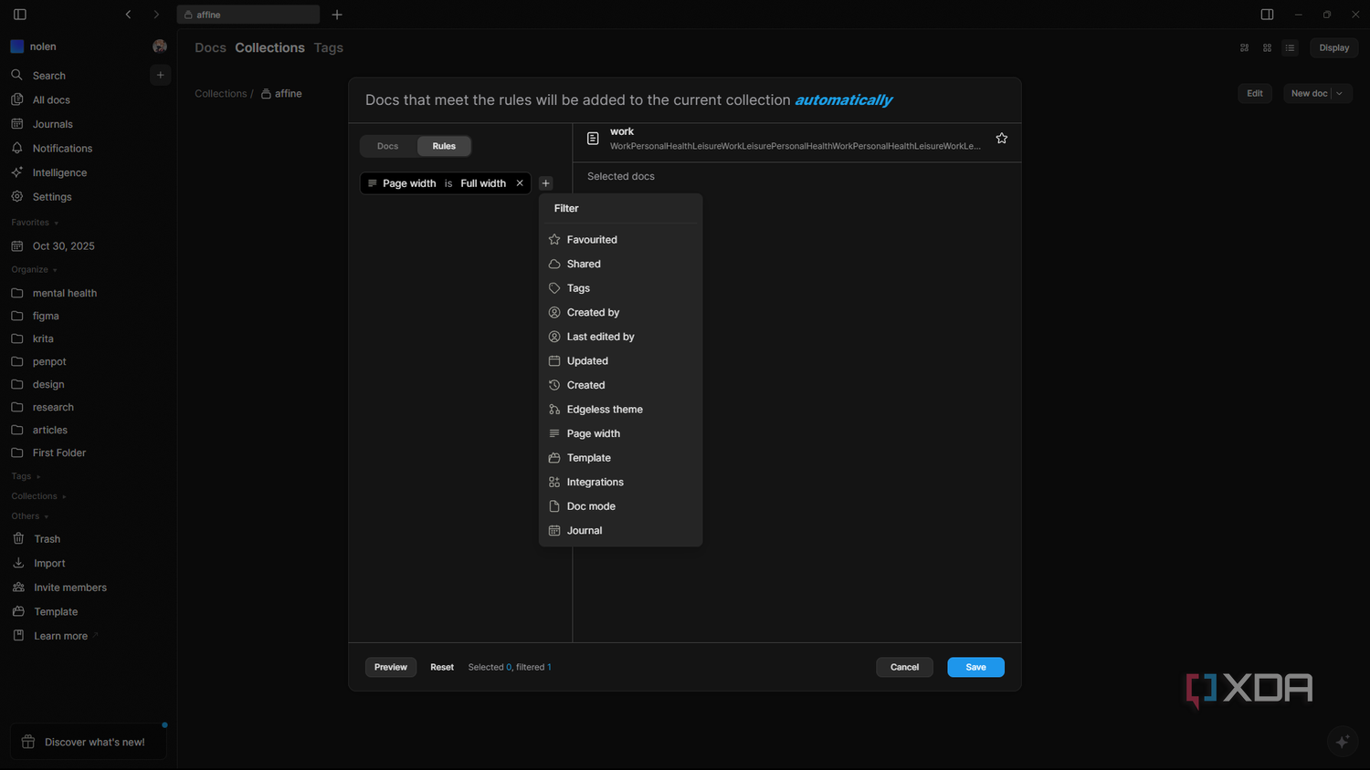 Creating rule for filtering in AFFiNE