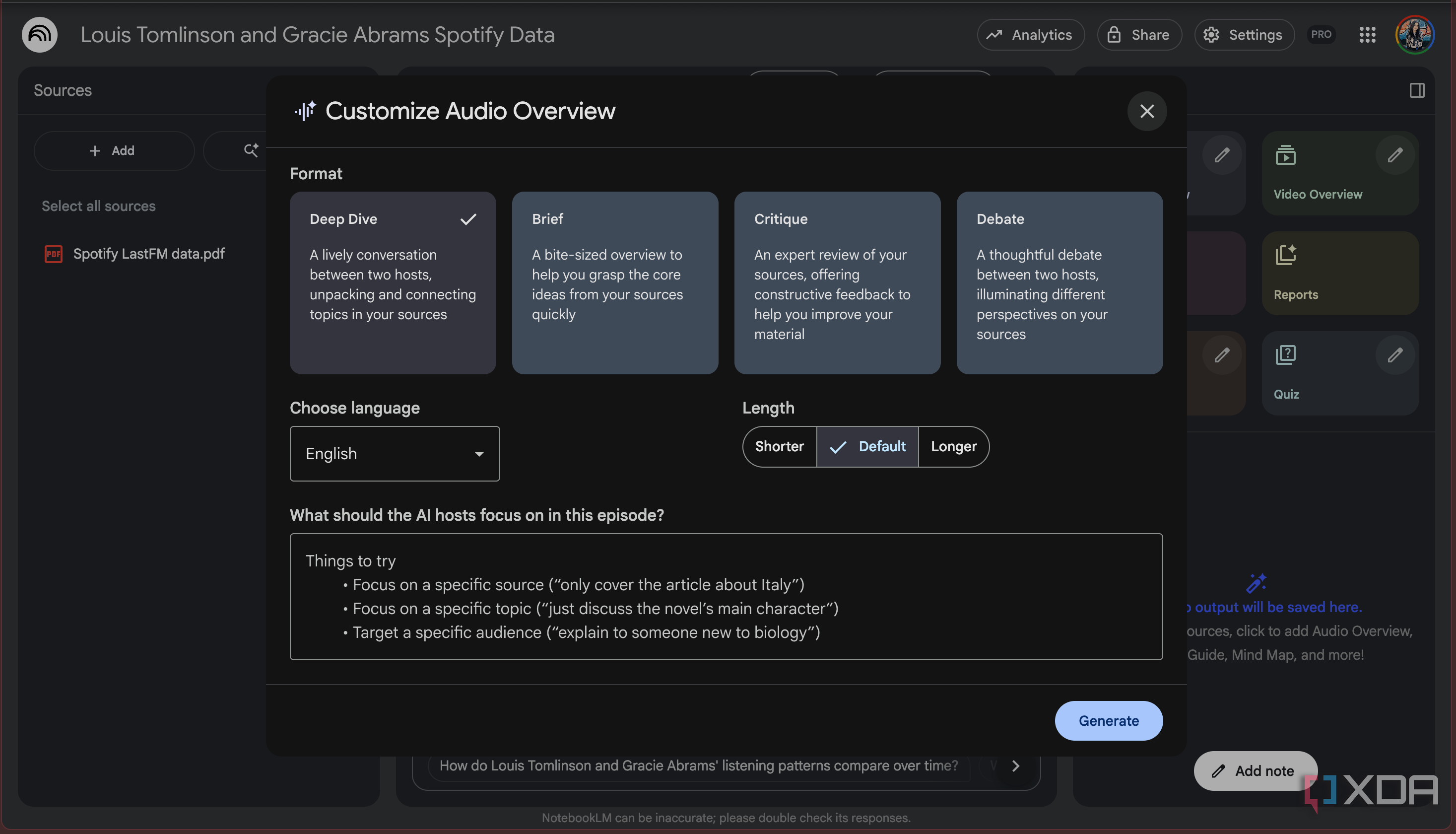 Customize Audio Overview pop up in NotebookLM