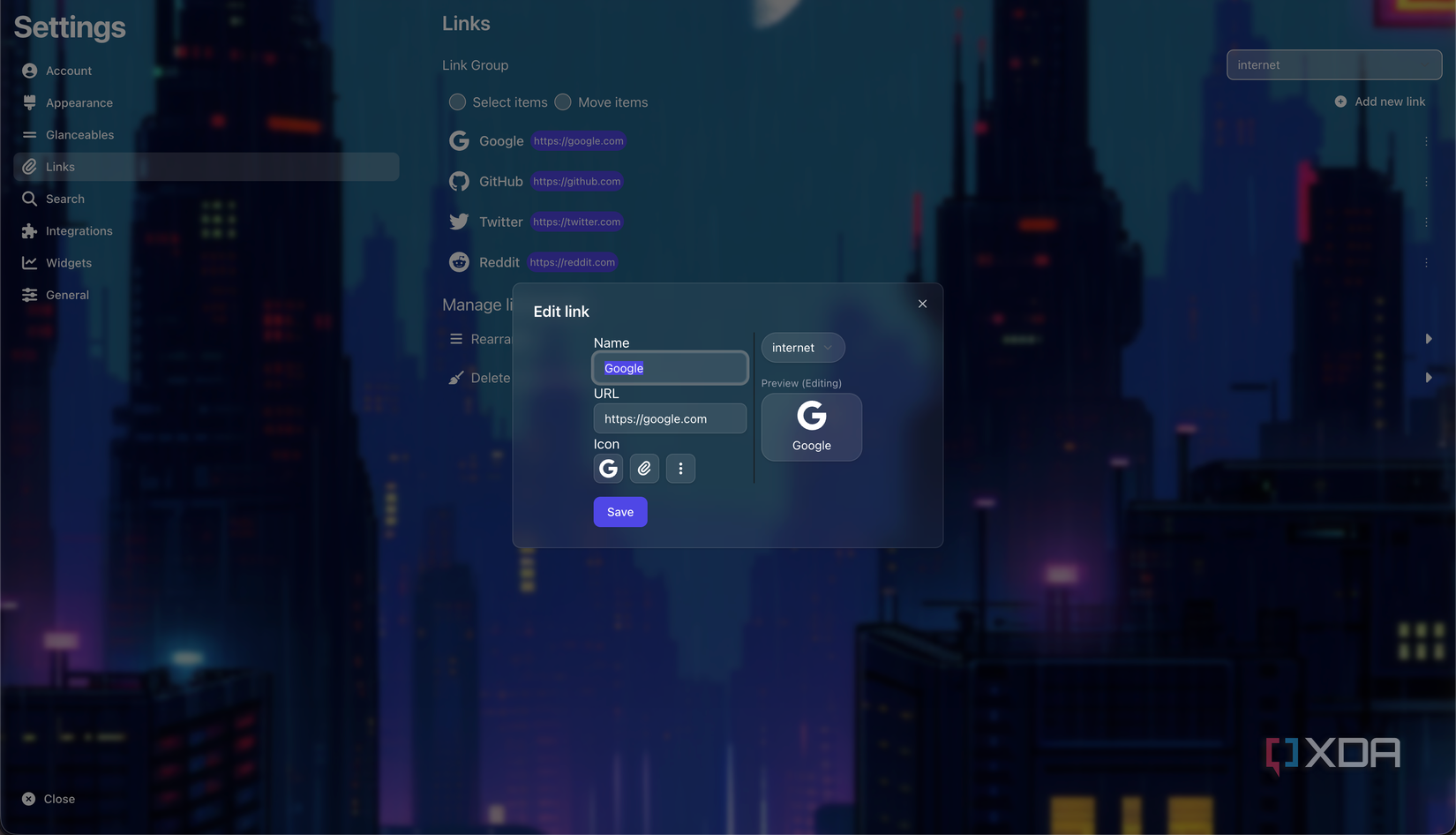 Inicio de Dashwise agregando un enlace