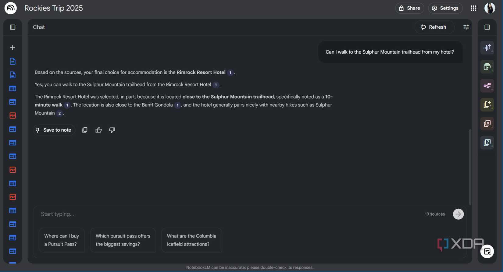 Screenshot of Notebook LM context for Rockies Trip planning