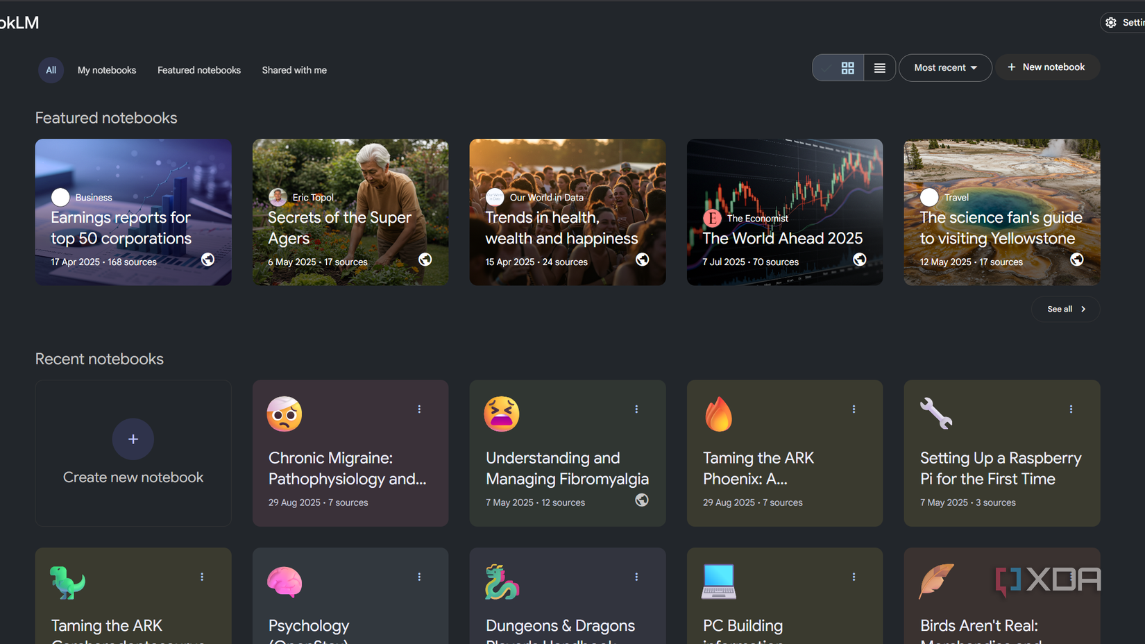 página predeterminada para notebooklm con cuadernos destacados en la parte superior