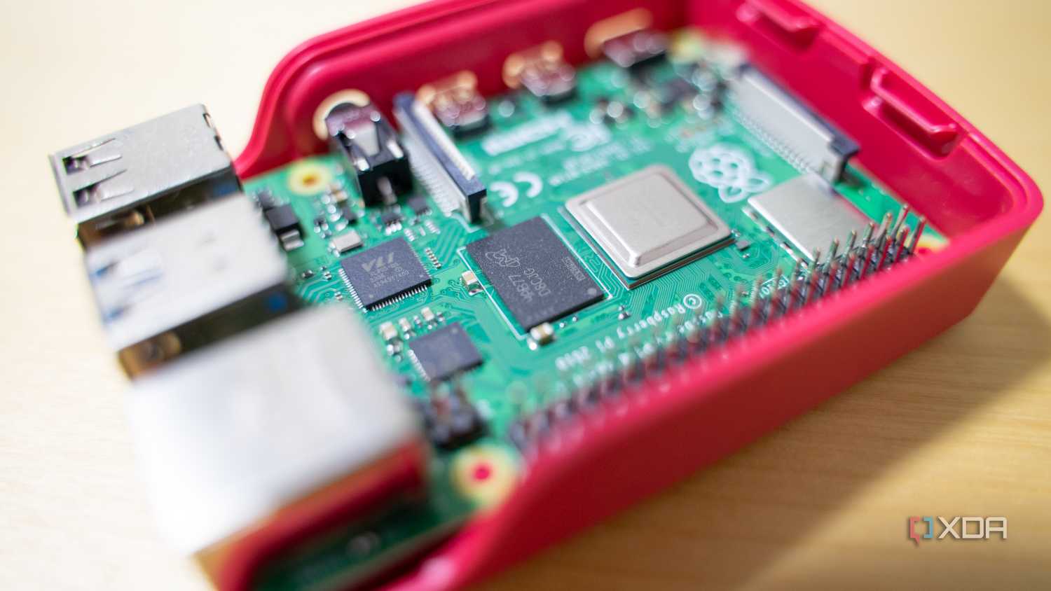A Raspberry Pi 4B sitting inside the official Raspberry Pi case.