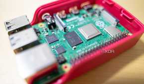 A Raspberry Pi 4B sitting inside the official Raspberry Pi case.