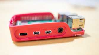 The Raspberry Pi's USB-C ports and audio jack on its edge.