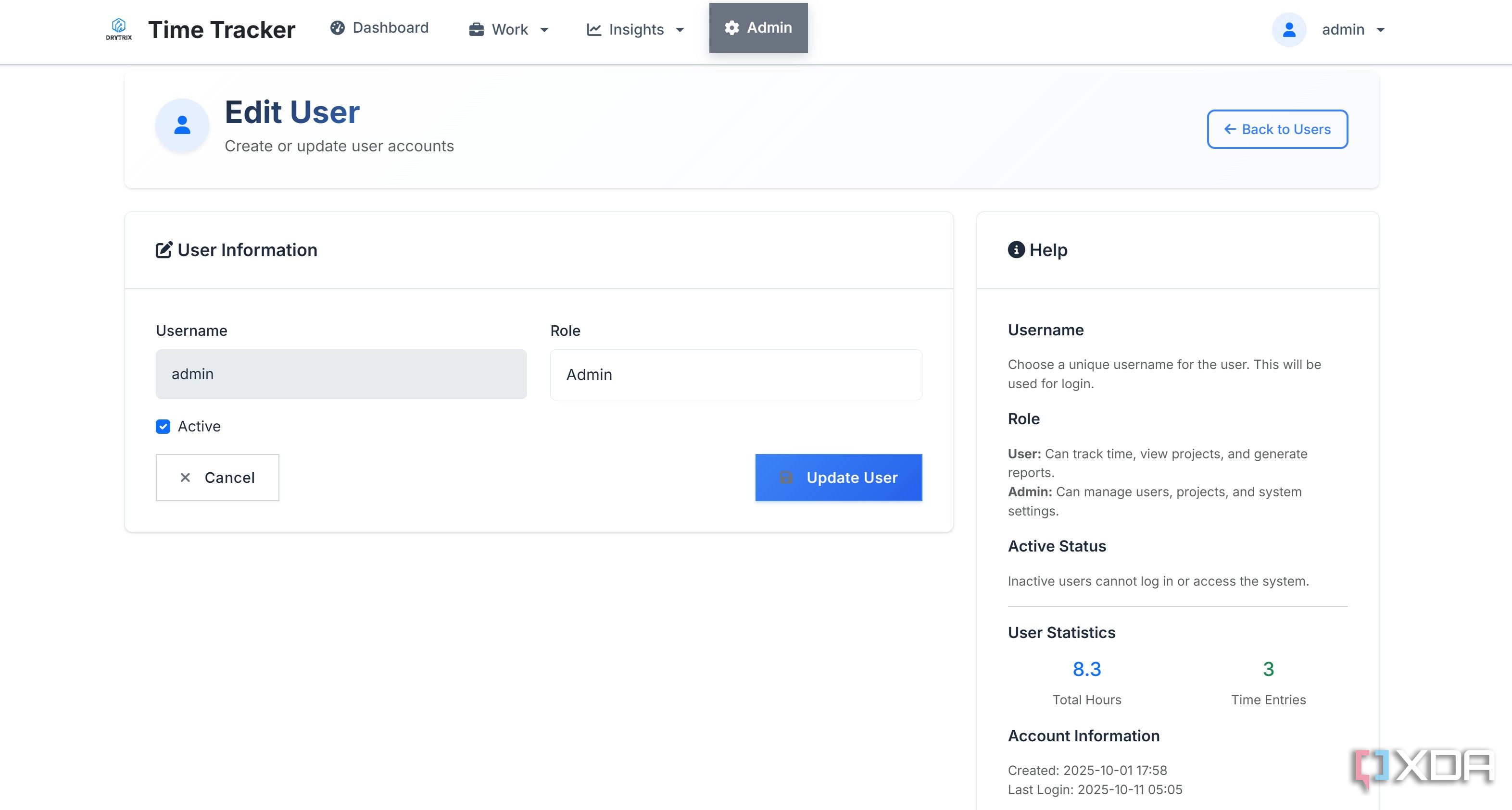 Edit user in Time Tracker