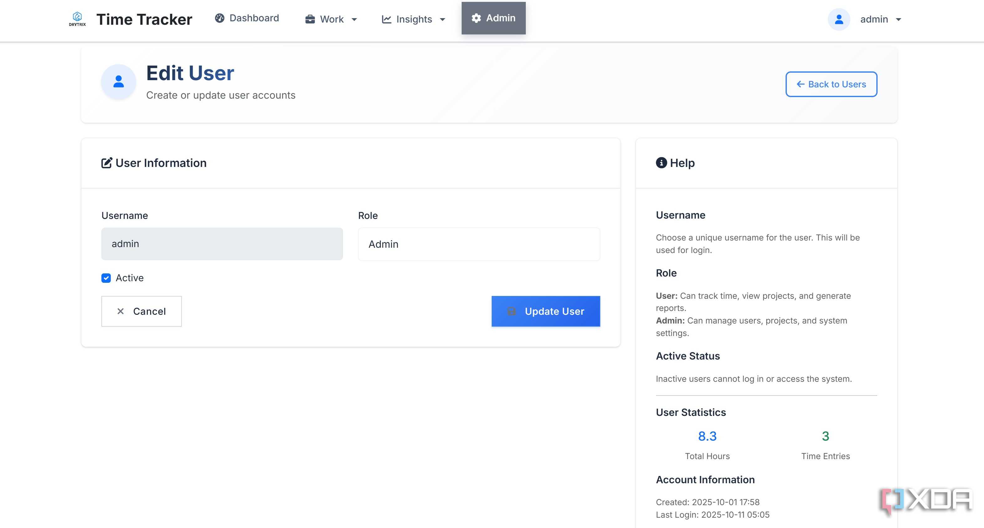 Edit user in Time Tracker