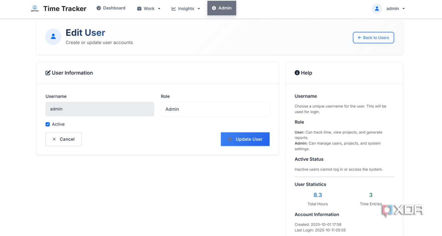 Edit user in Time Tracker