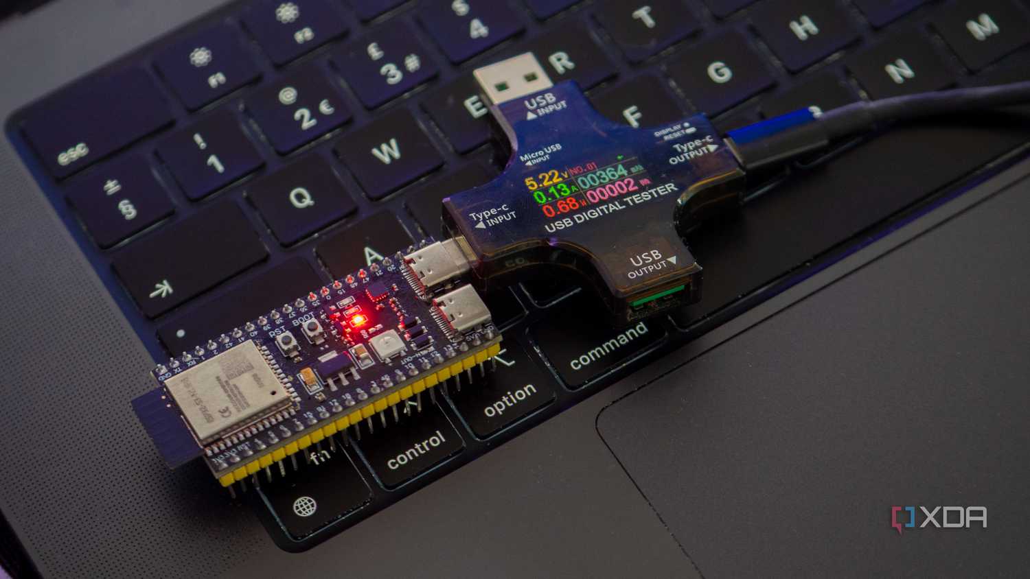 ESP32-S3 plugged into a USB digital tester