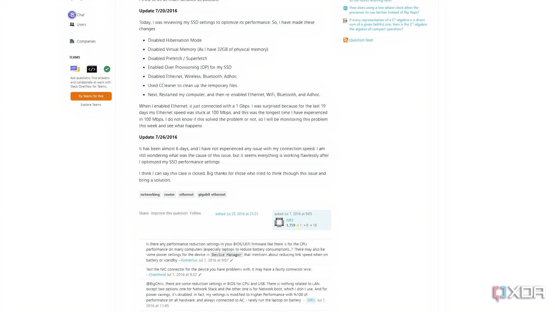 Screenshot of a forum post showing how to fix Ethernet speed stuck at 100Mbps