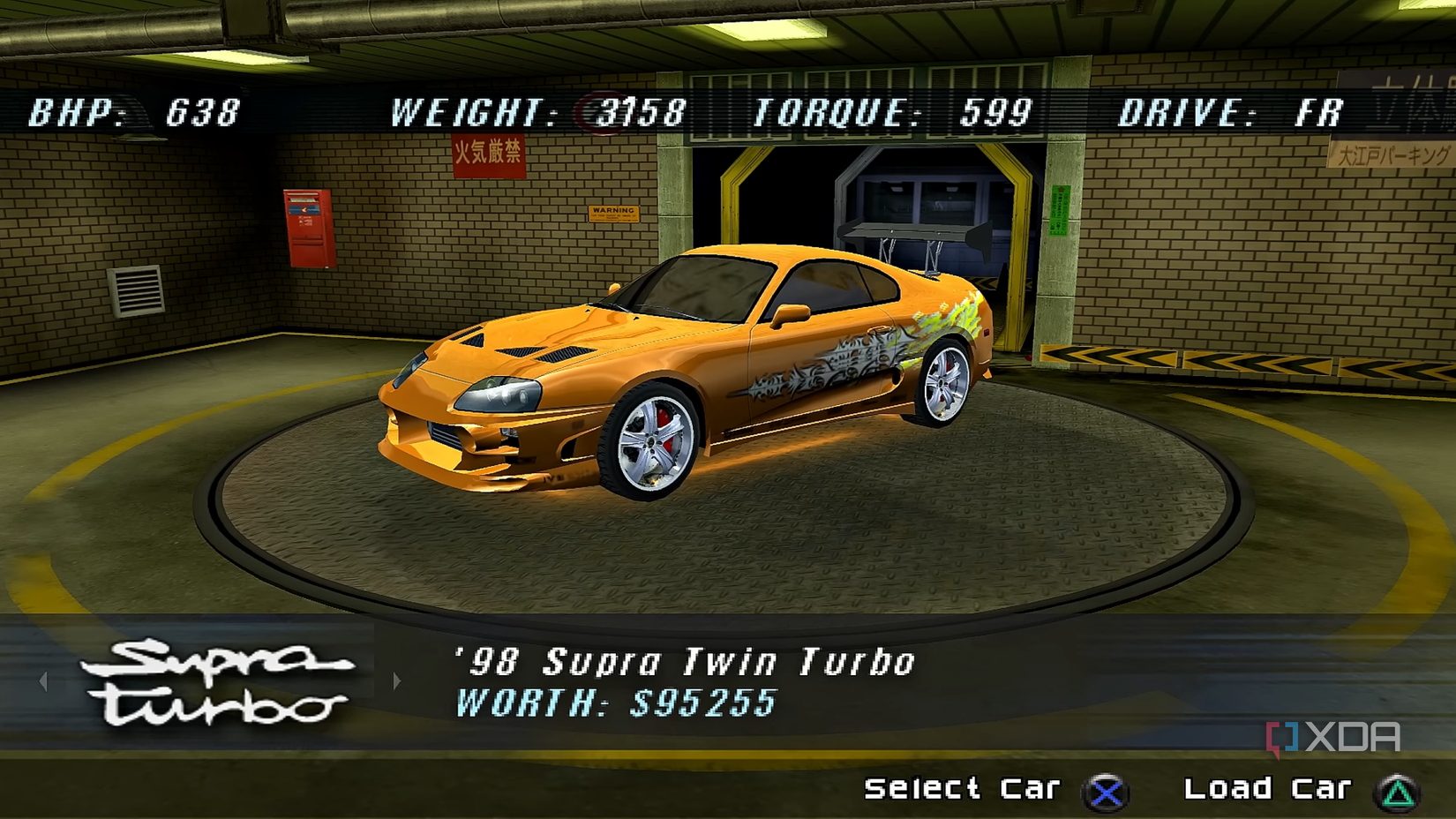 Brian O'Conner's orange Toyota Supra from The Fast and the Furious game on the PS2.