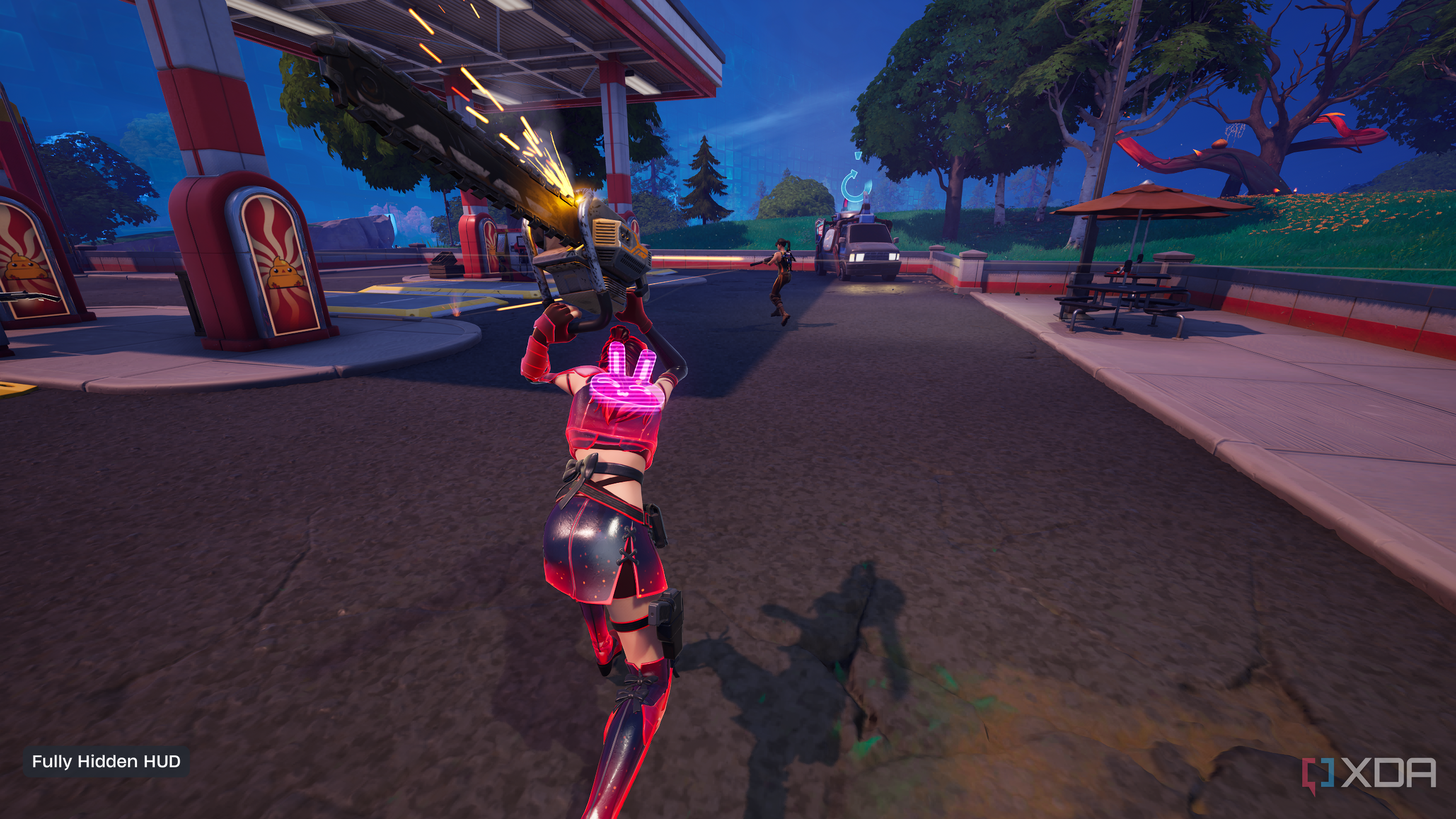 Wielding a chainsaw at a gas station in Fortnitemares 2025.