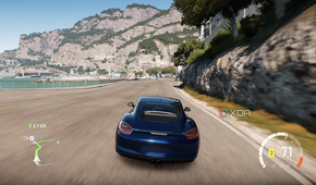 A blue Porsche racing down the Italian coast in Forza Horizon 2.