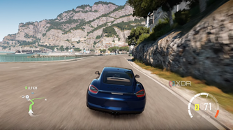 A blue Porsche racing down the Italian coast in Forza Horizon 2.